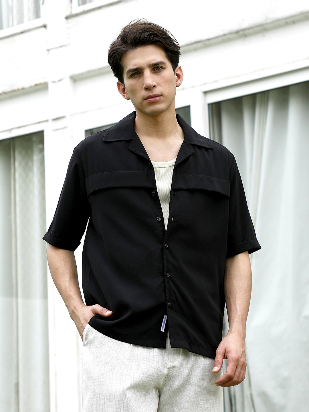 Black Cuban Collar Short Sleeve Shirt