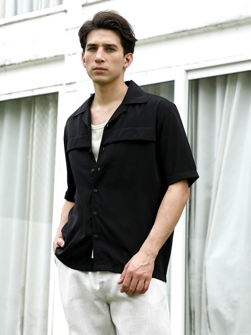 Black Cuban Collar Short Sleeve Shirt