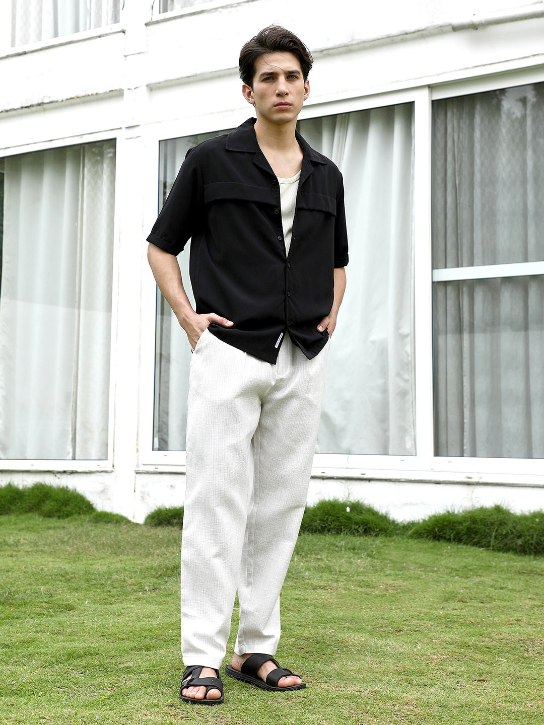 Black Cuban Collar Short Sleeve Shirt