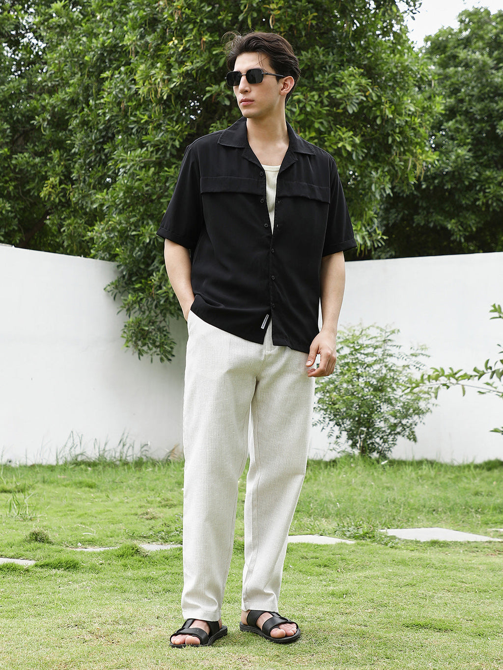 Black Cuban Collar Short Sleeve Shirt