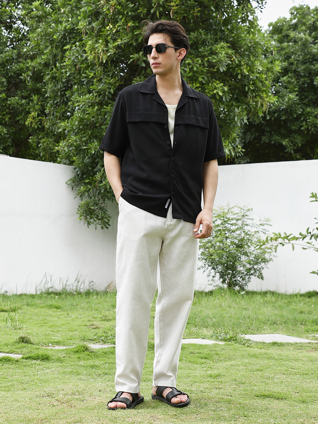 Black Cuban Collar Short Sleeve Shirt