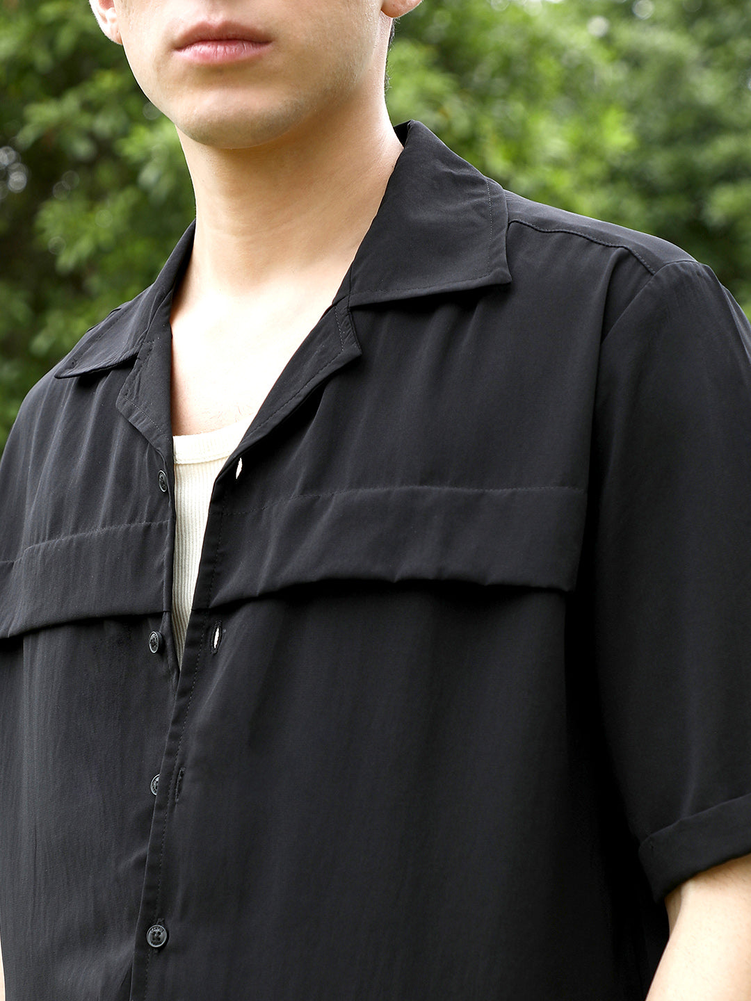 Black Cuban Collar Short Sleeve Shirt