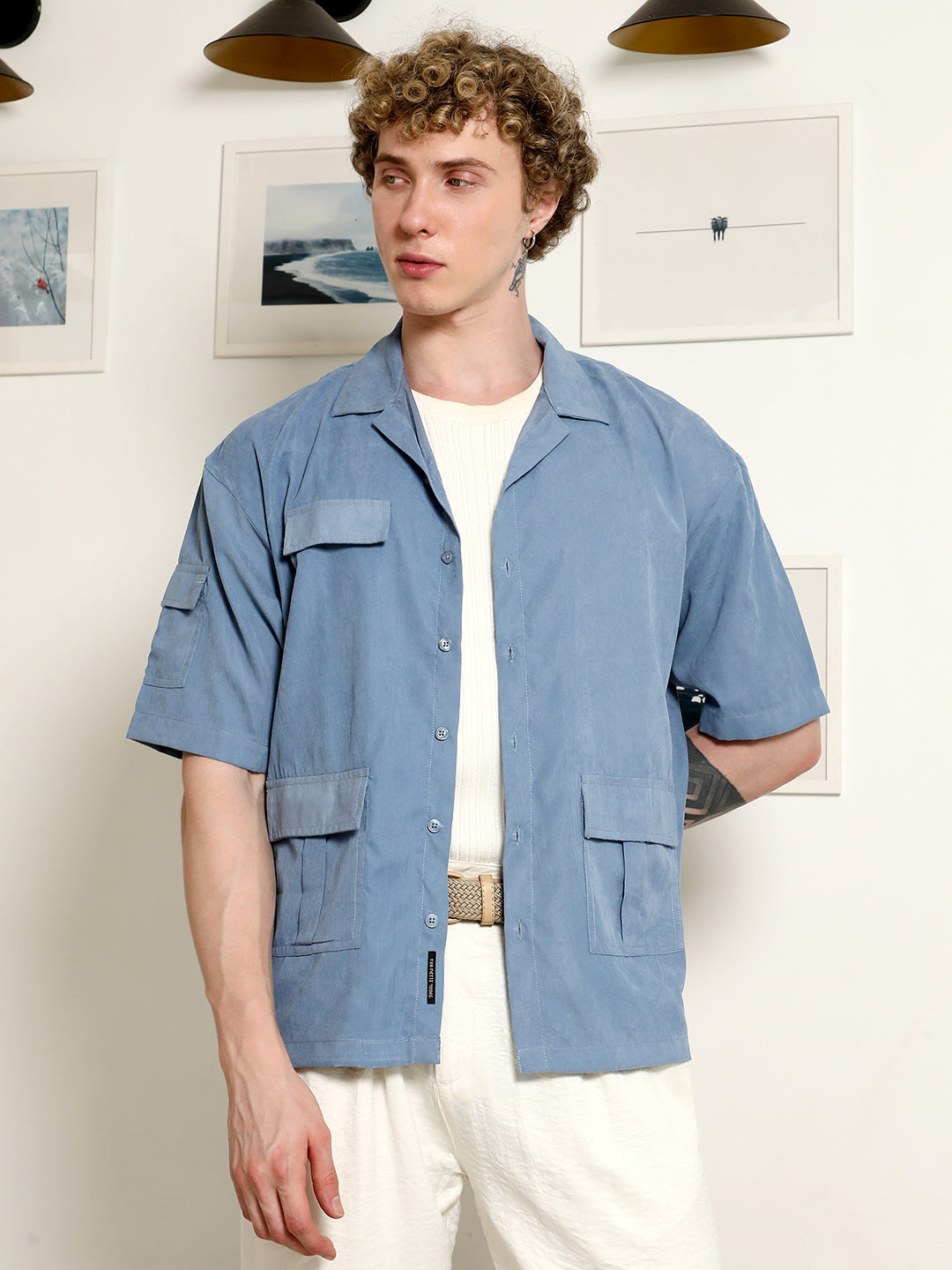 Blue Cuban Collar Relaxed Fit Shirt With Flap Pockets