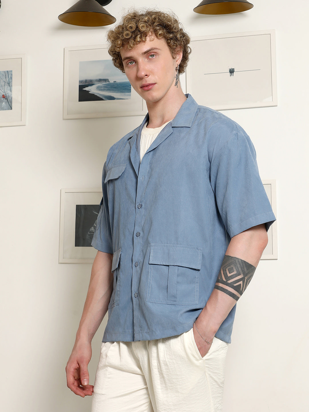 Blue Cuban Collar Relaxed Fit Shirt With Flap Pockets