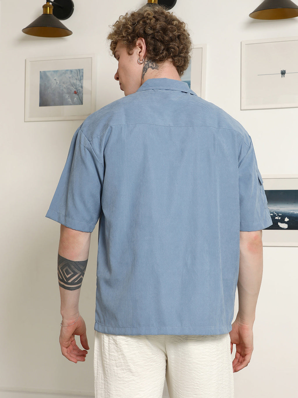 Blue Cuban Collar Relaxed Fit Shirt With Flap Pockets