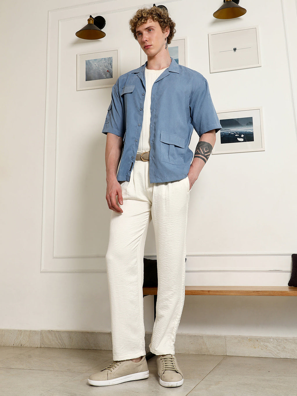 Blue Cuban Collar Relaxed Fit Shirt With Flap Pockets