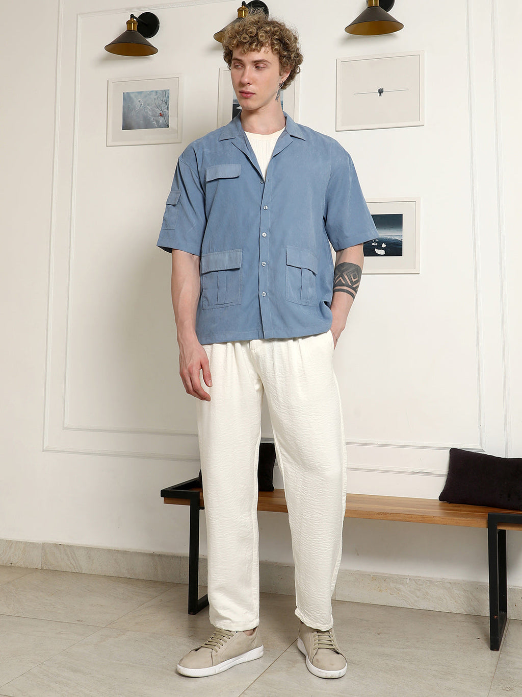 Blue Cuban Collar Relaxed Fit Shirt With Flap Pockets