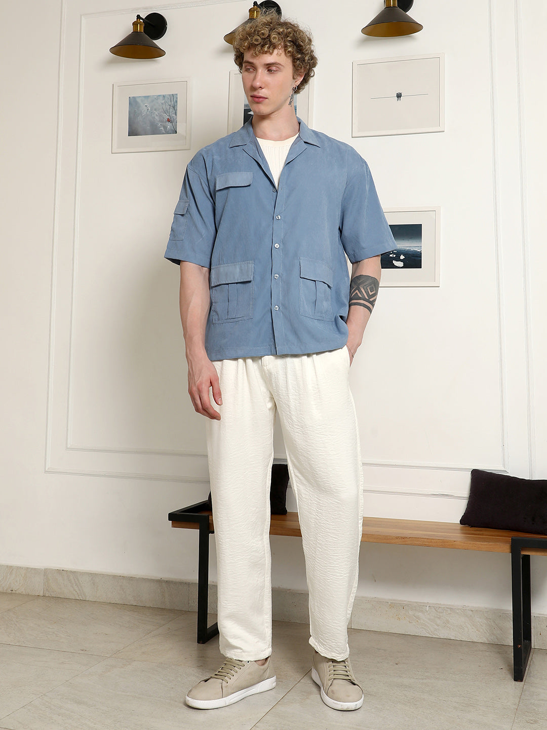 Blue Cuban Collar Relaxed Fit Shirt With Flap Pockets
