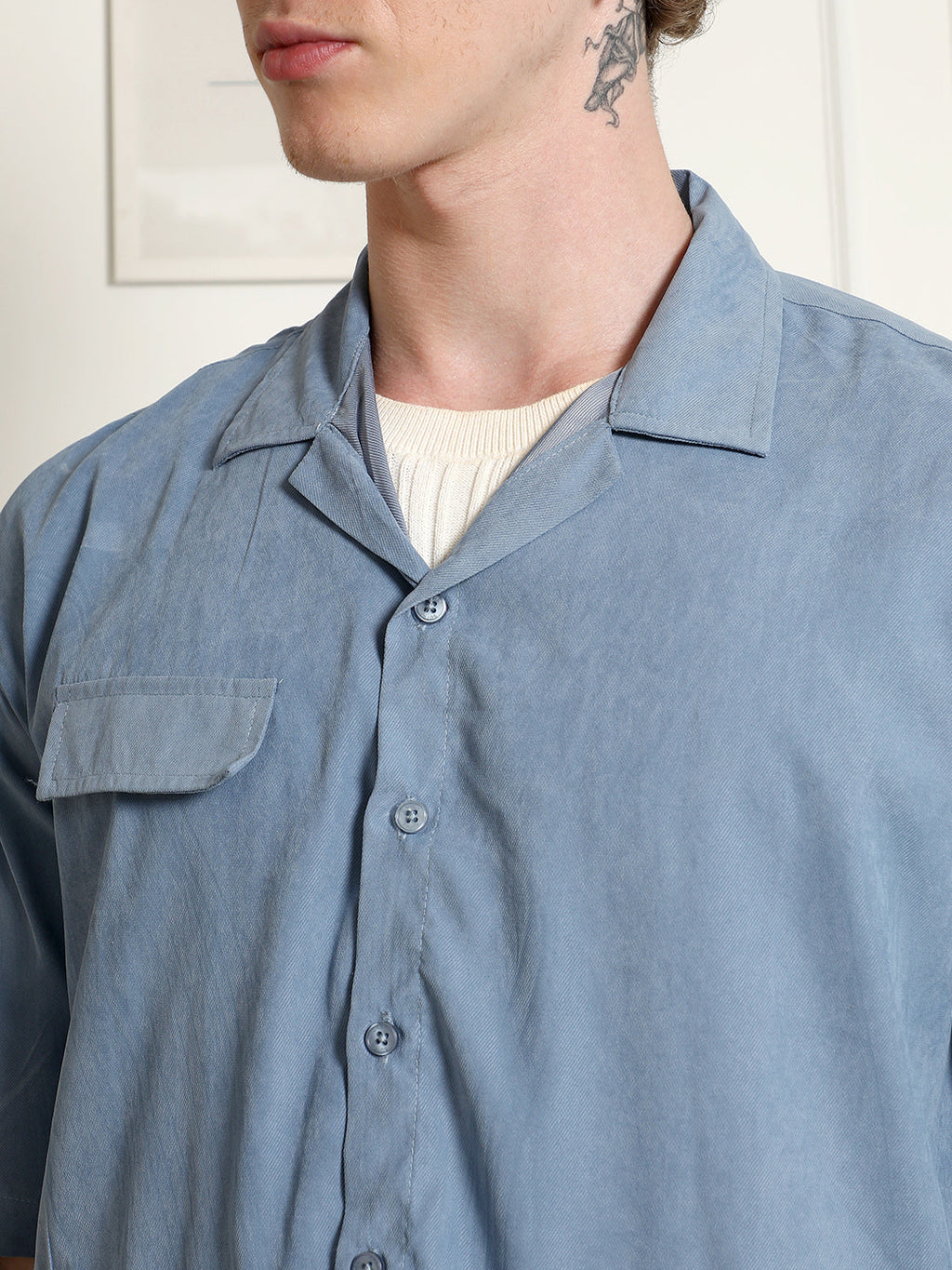 Blue Cuban Collar Relaxed Fit Shirt With Flap Pockets