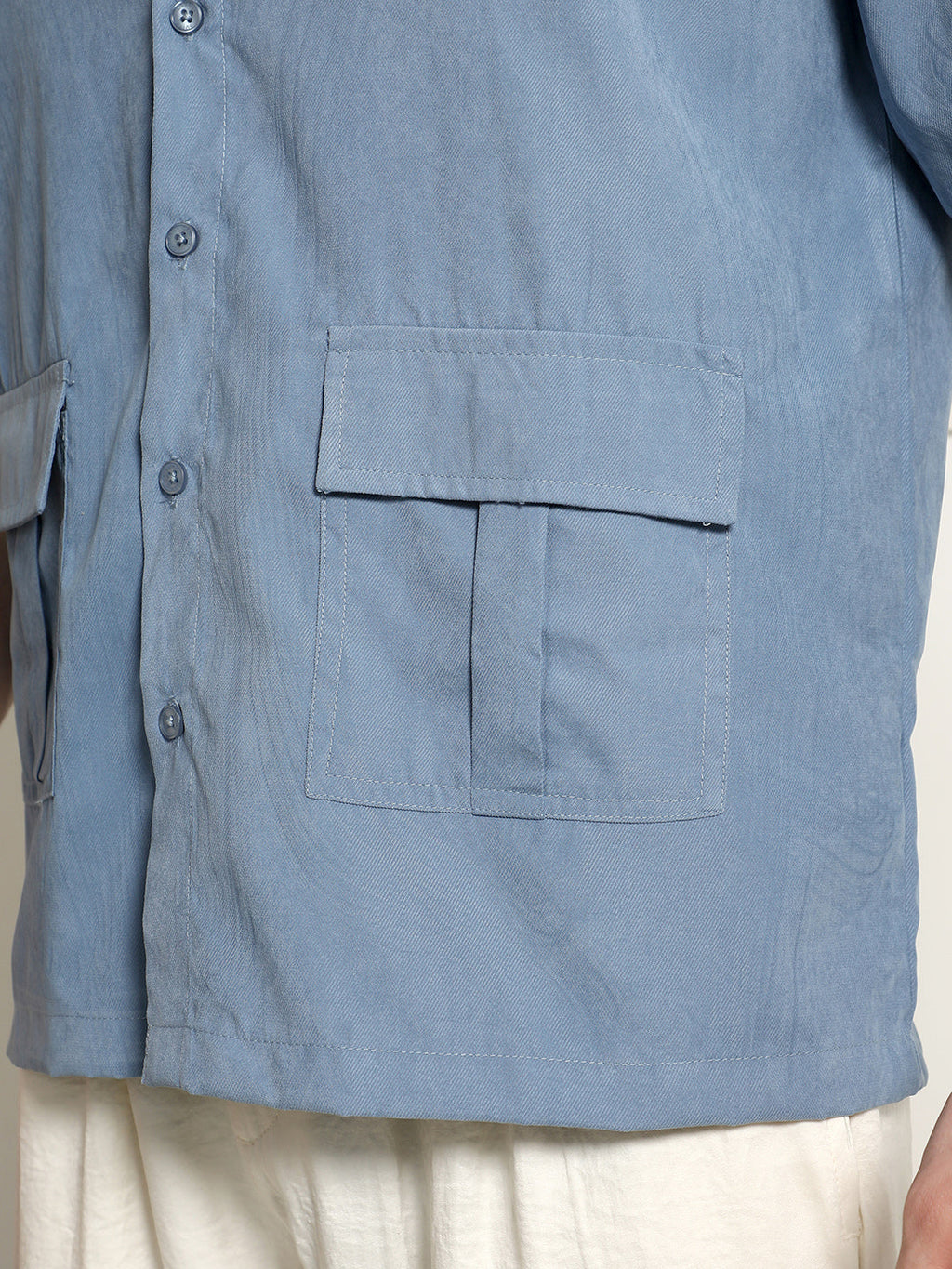 Blue Cuban Collar Relaxed Fit Shirt With Flap Pockets