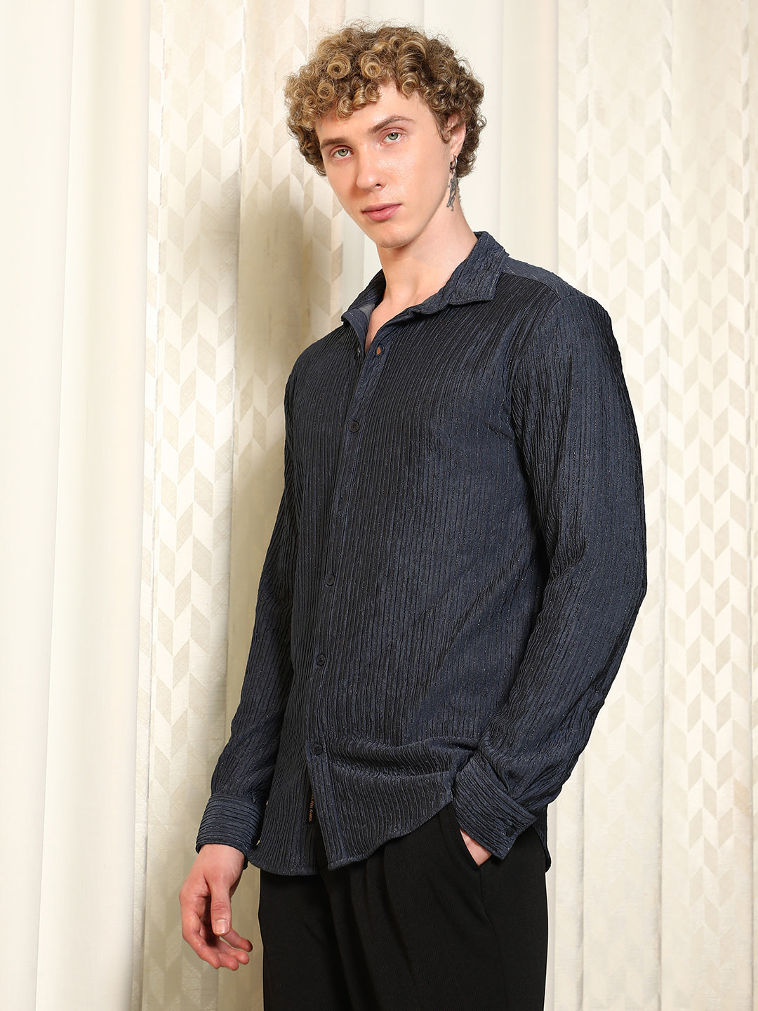 Navy Textured Cotton Blend Full Sleeve Shirt