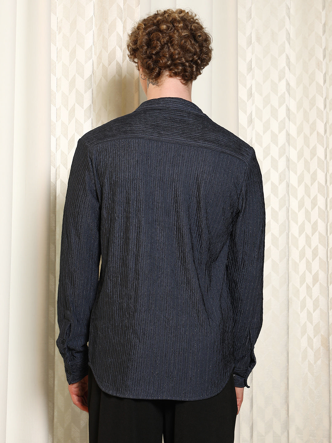 Navy Textured Cotton Blend Full Sleeve Shirt