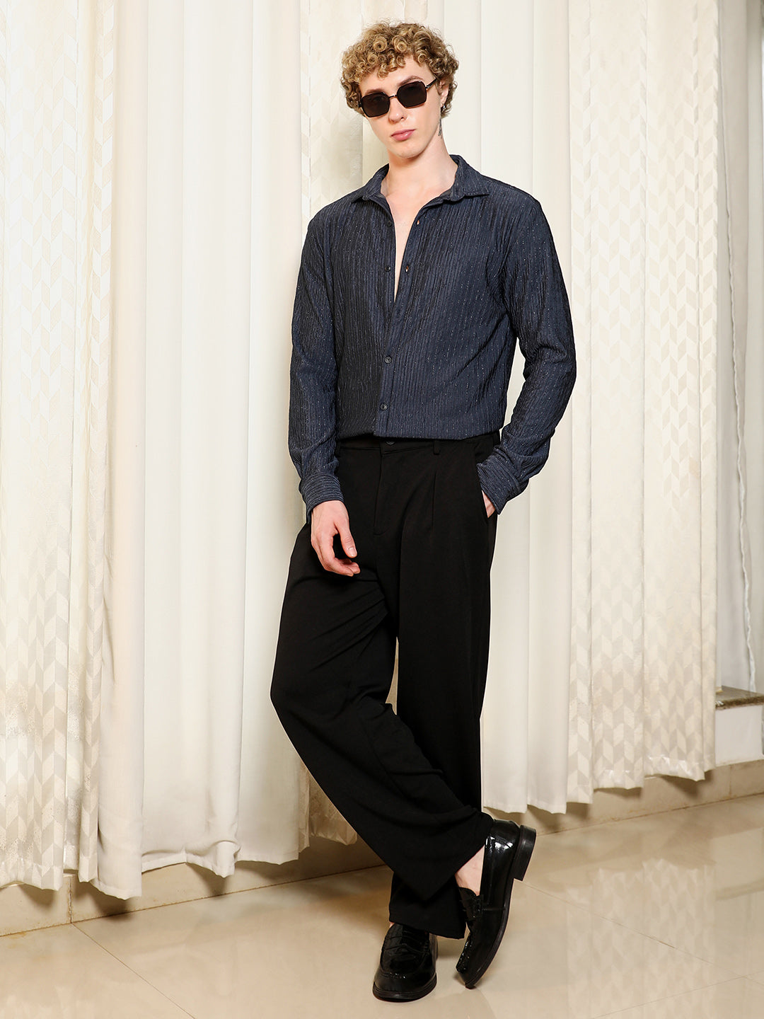 Navy Textured Cotton Blend Full Sleeve Shirt