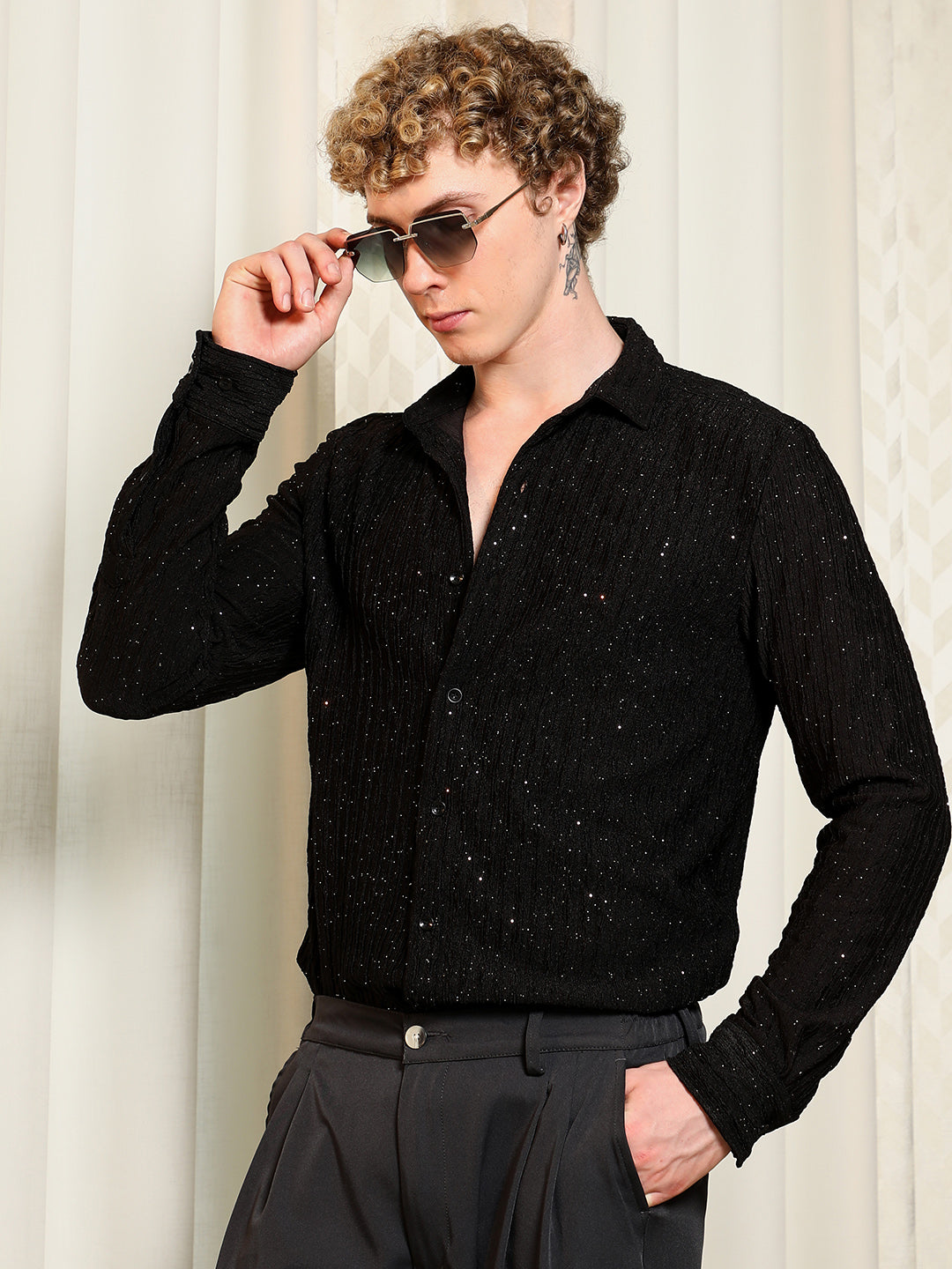 Black Textured Slim Fit Shirt With Shimmer Effect
