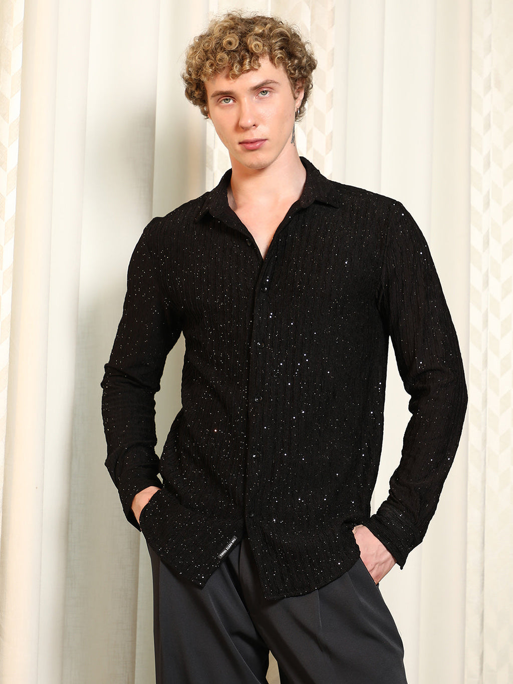 Black Textured Slim Fit Shirt With Shimmer Effect