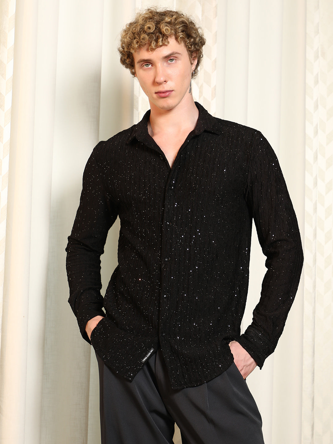 Black Textured Slim Fit Shirt With Shimmer Effect