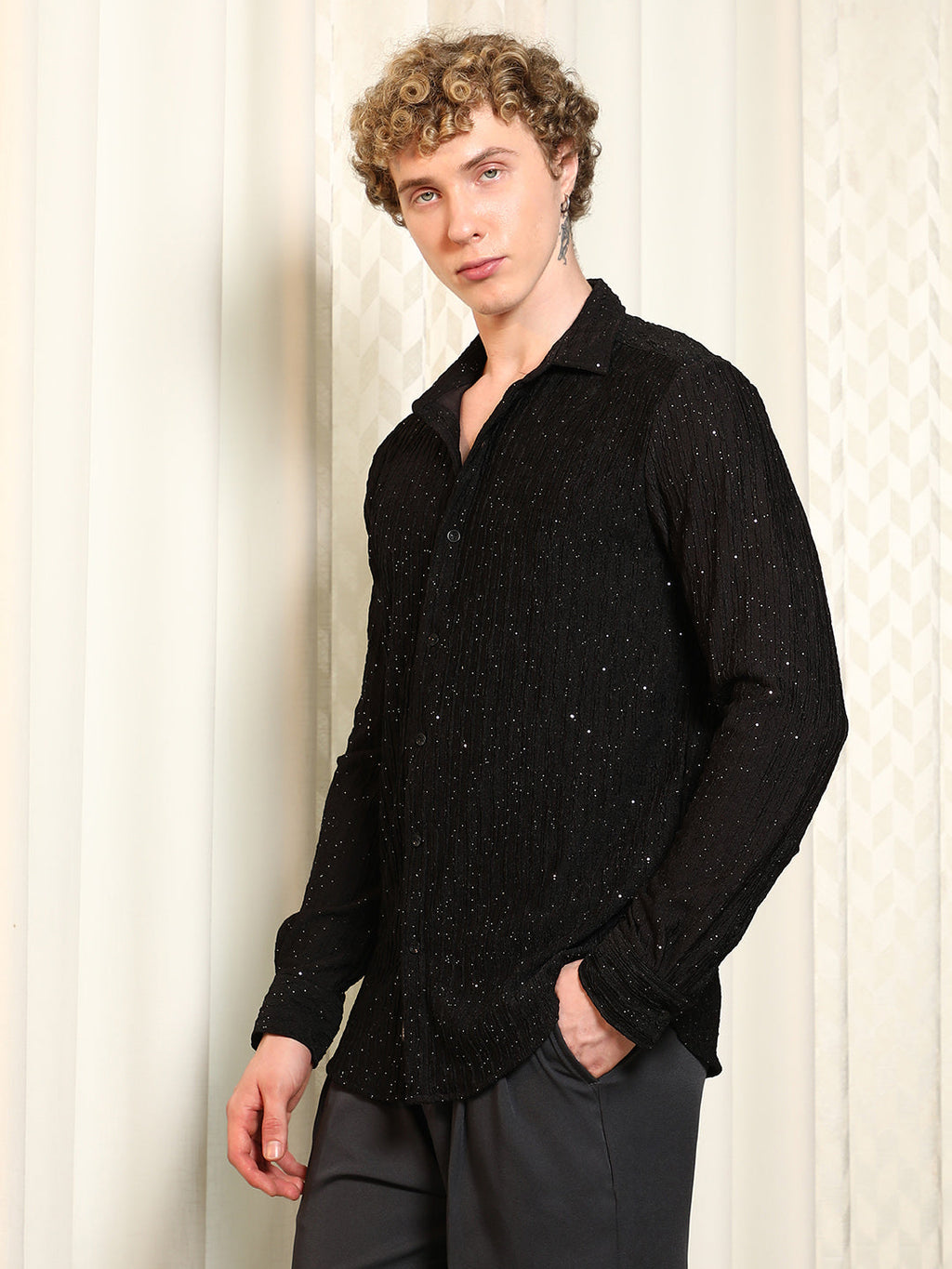 Black Textured Slim Fit Shirt With Shimmer Effect
