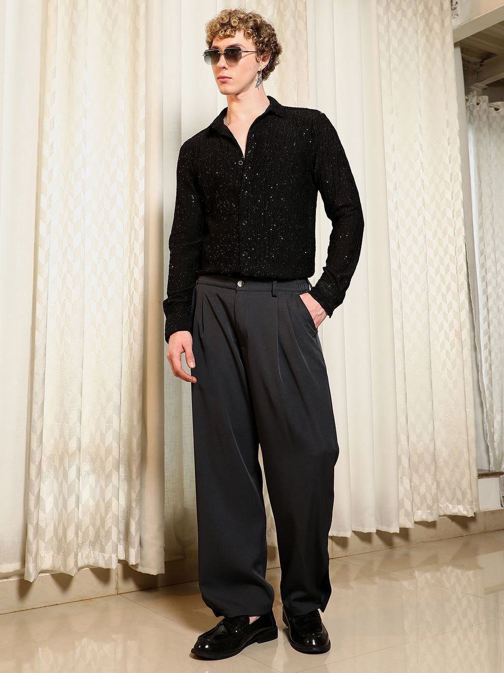 Black Textured Slim Fit Shirt With Shimmer Effect