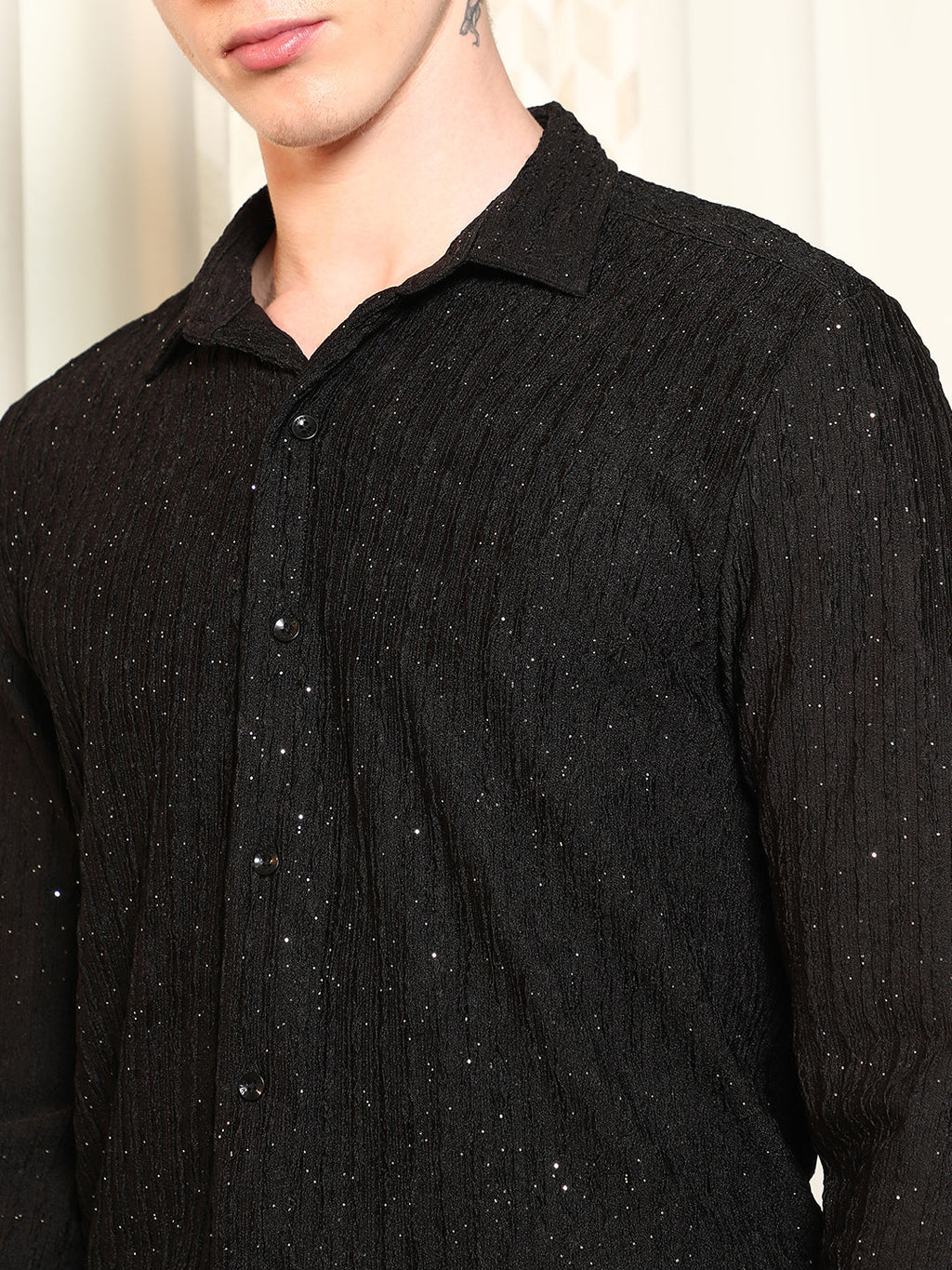 Black Textured Slim Fit Shirt With Shimmer Effect
