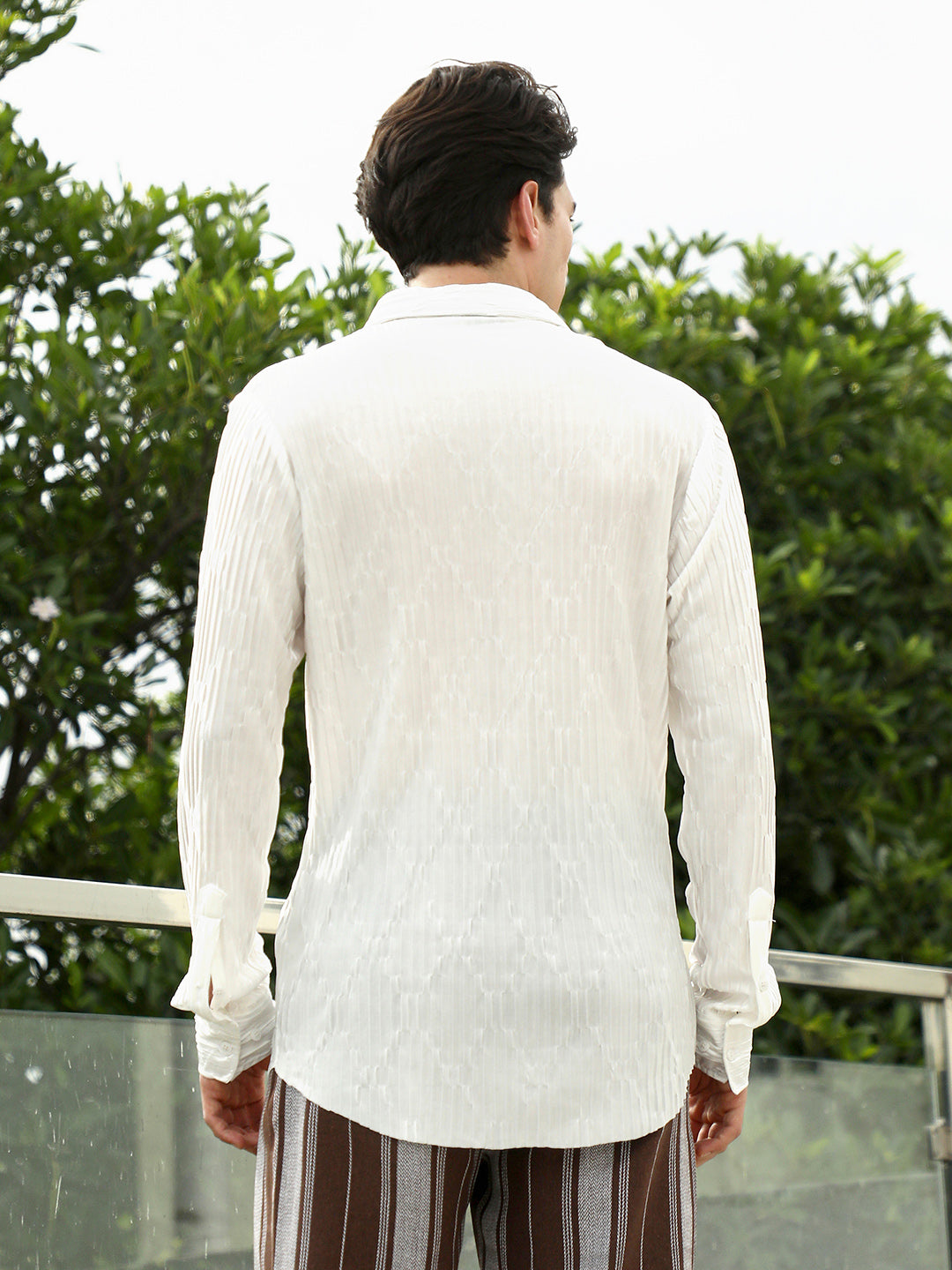 White Textured Slim Fit Shirt With Spread Collar