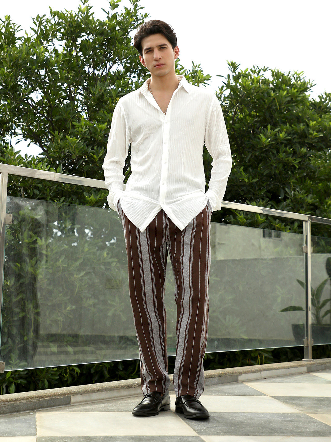 White Textured Slim Fit Shirt With Spread Collar