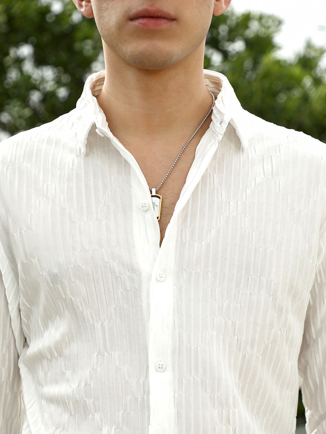 White Textured Slim Fit Shirt With Spread Collar