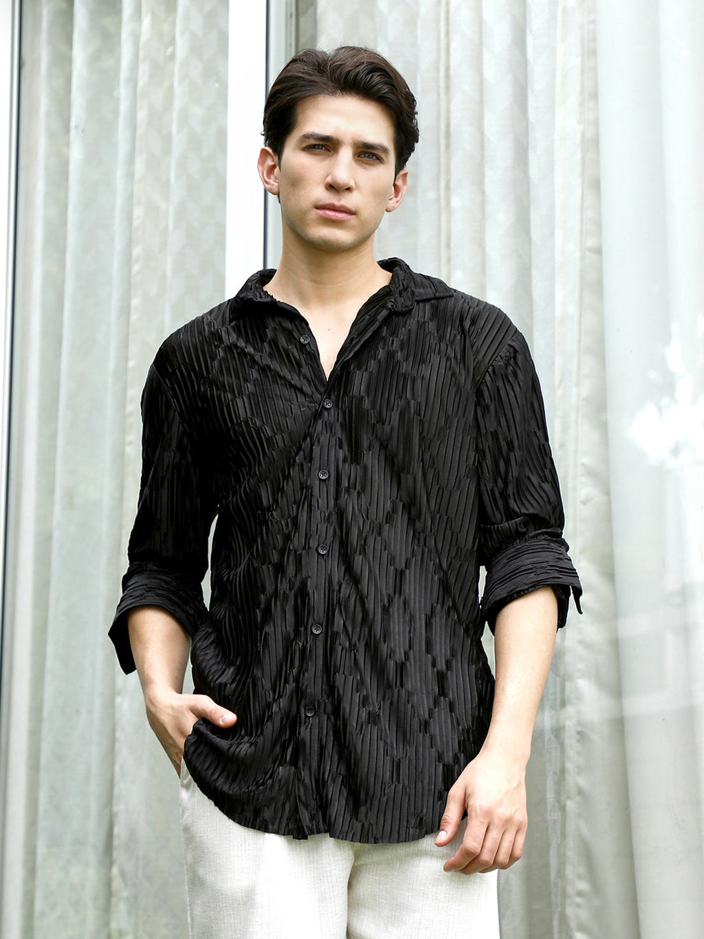 Black Textured Slim Fit Shirt With Semi-Spread Collar