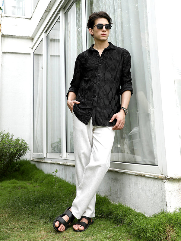 Black Textured Slim Fit Shirt With Semi-Spread Collar