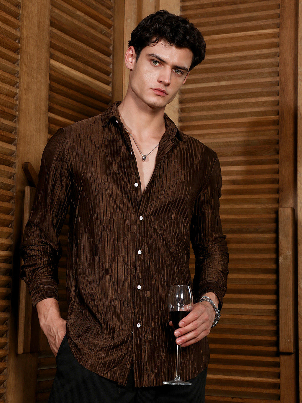 Chocolate Brown Ruche-Pleated Shirt