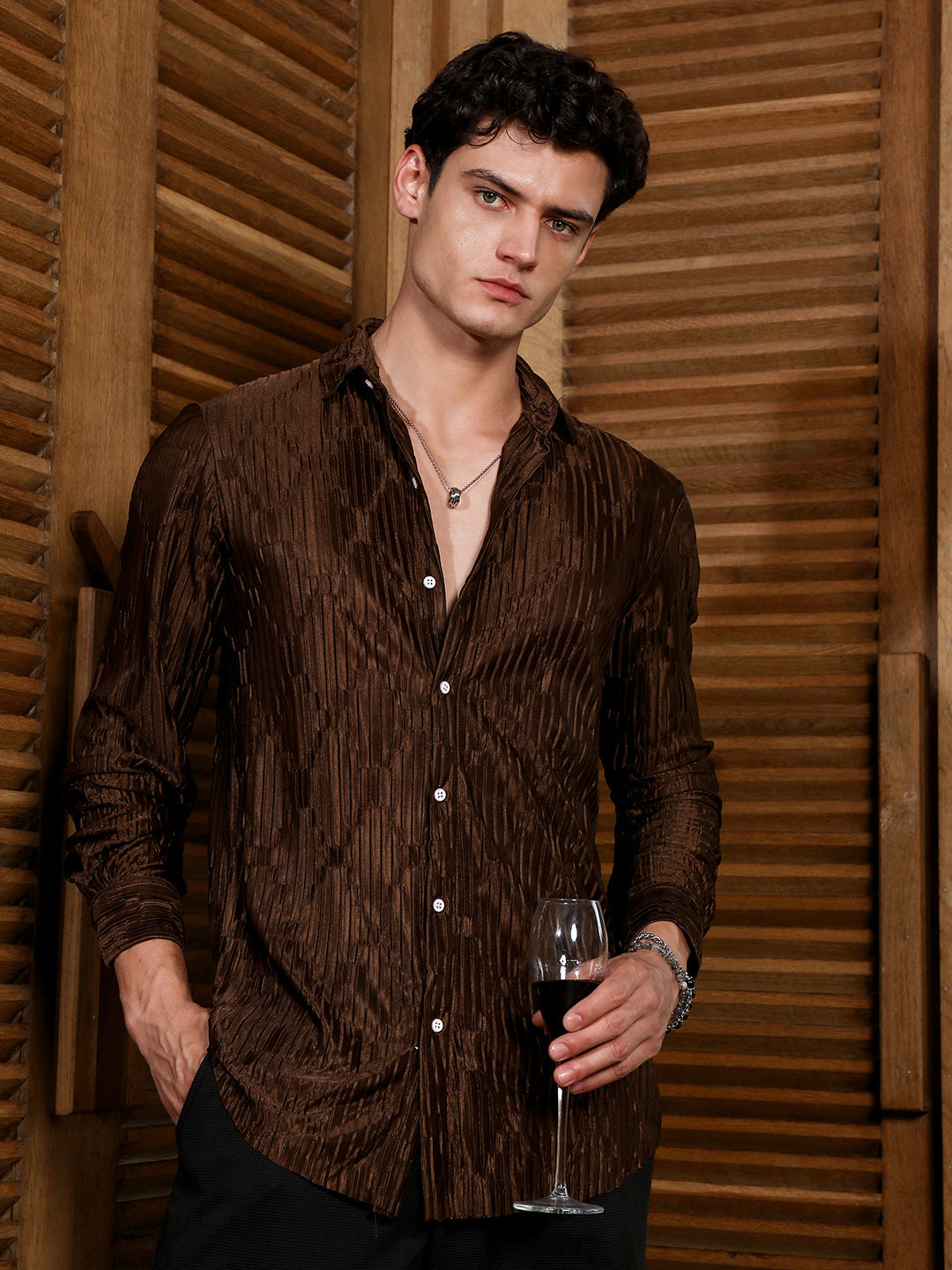 Chocolate Brown Ruche-Pleated Shirt
