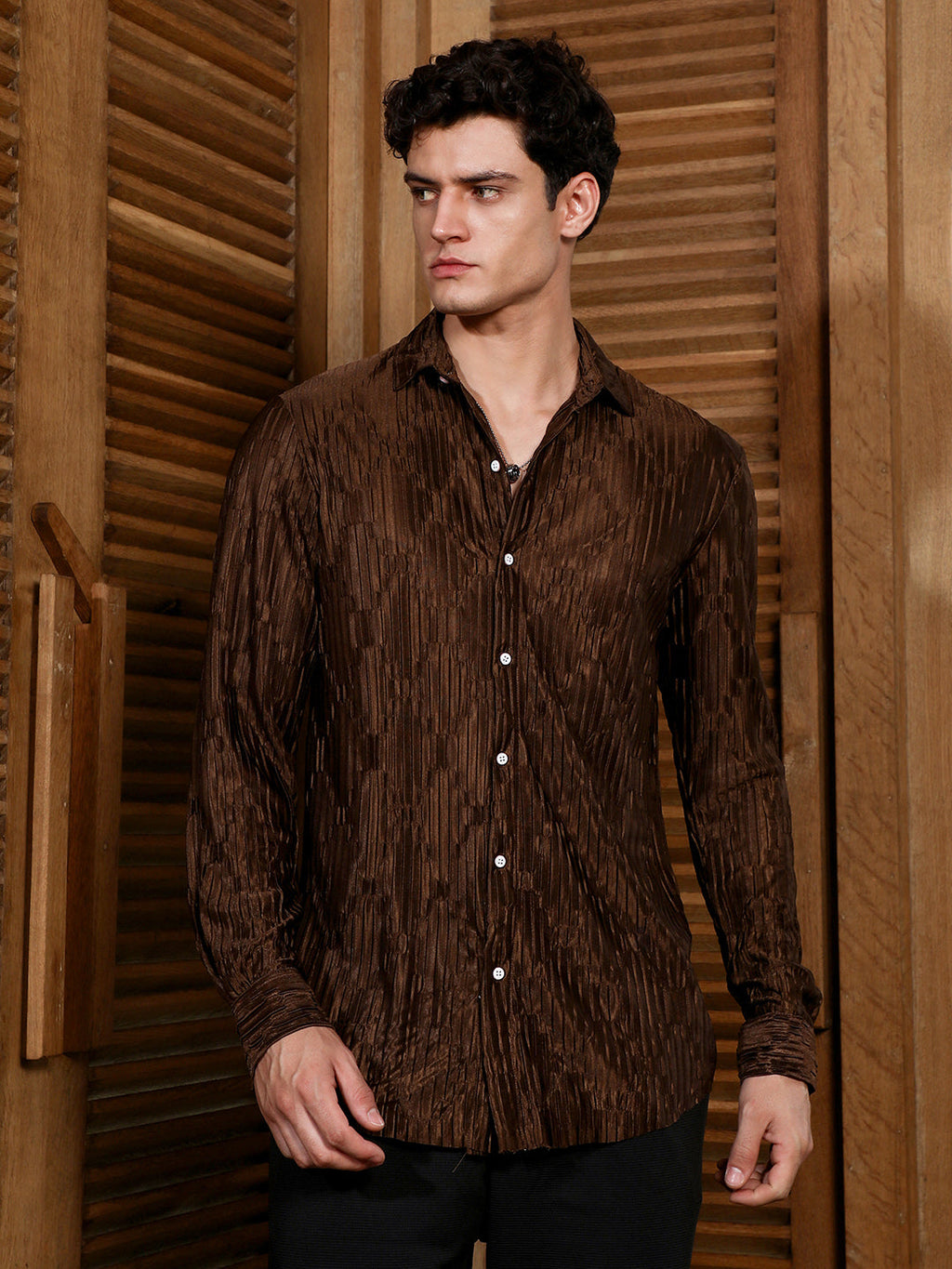 Chocolate Brown Ruche-Pleated Shirt