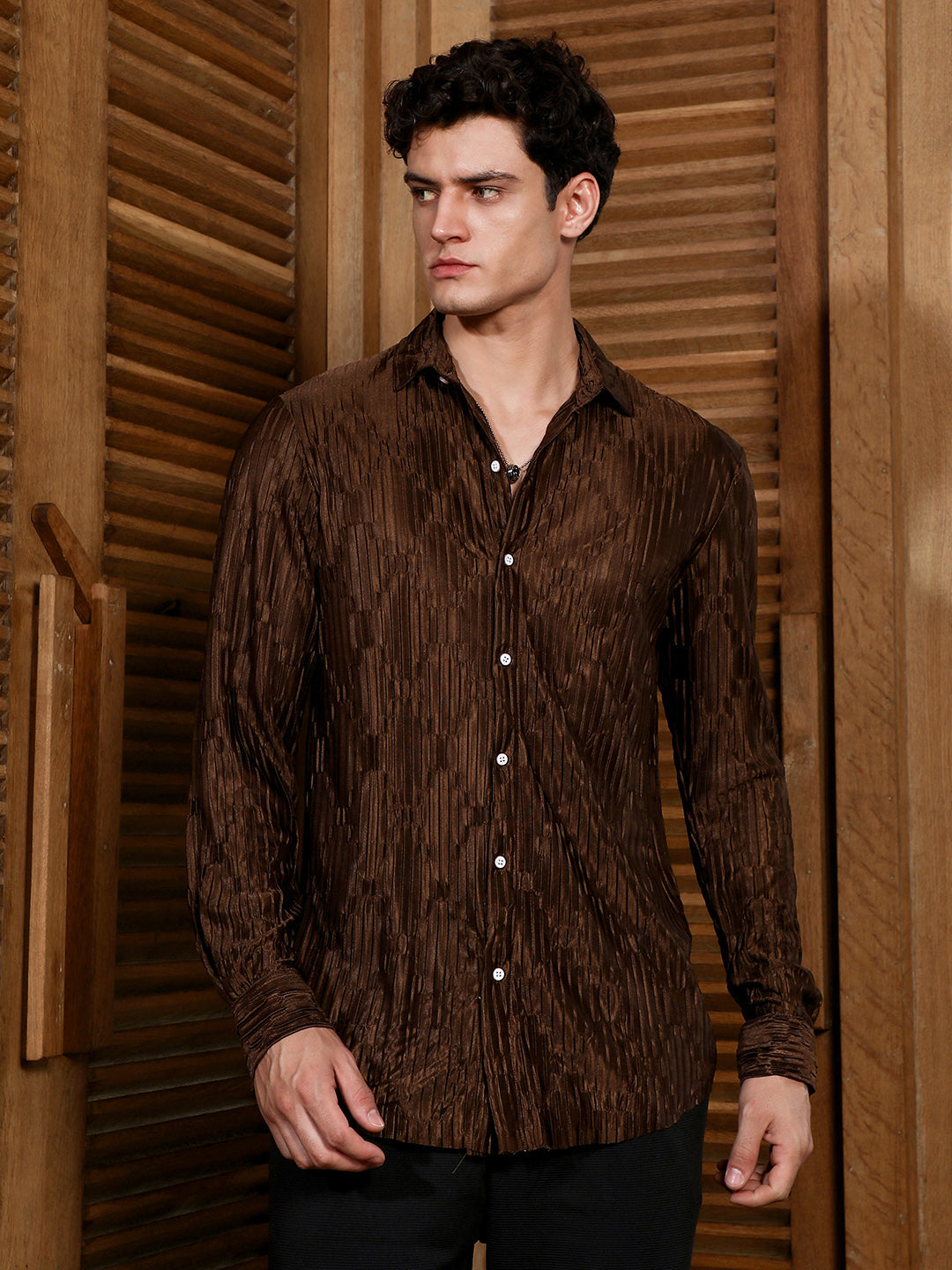 Chocolate Brown Ruche-Pleated Shirt