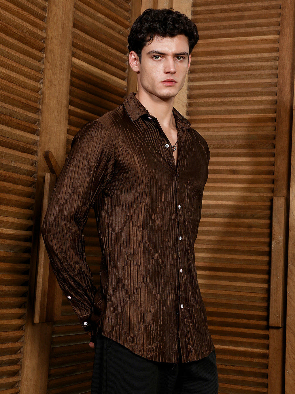 Chocolate Brown Ruche-Pleated Shirt