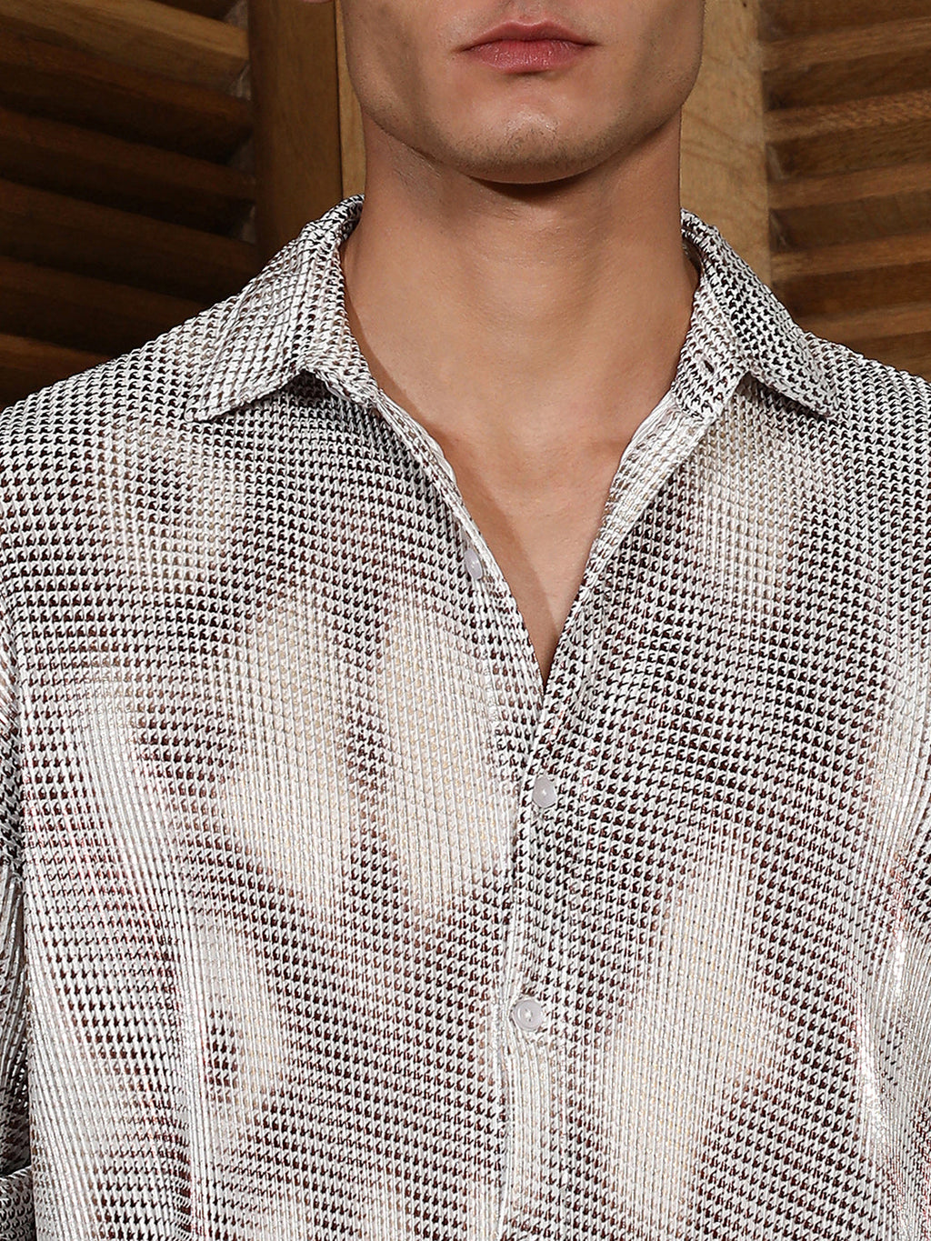 Off-White & Antique Gold Metallic Abstract-Gradient Pleated Shirt