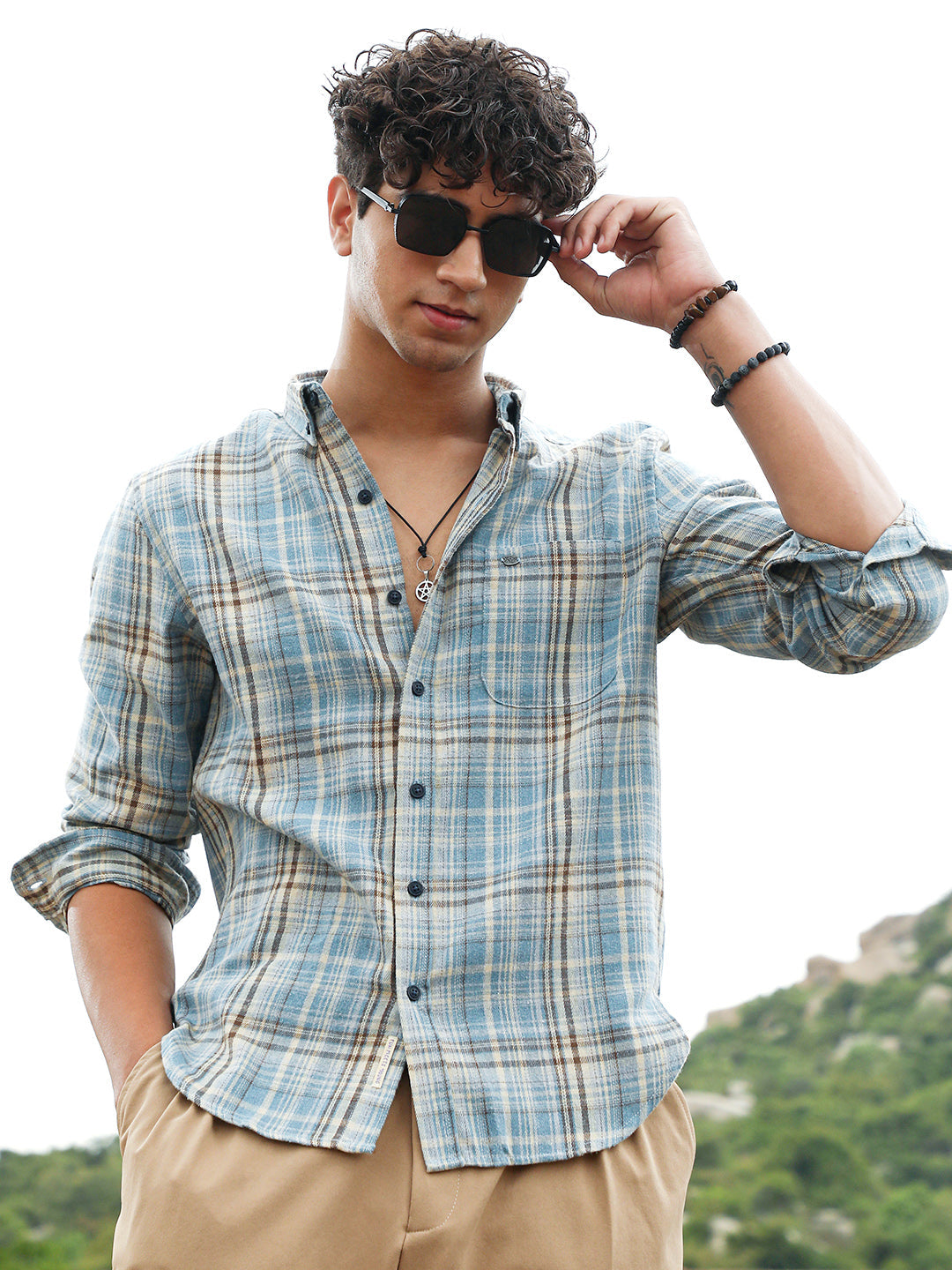 ₹949 | Men's Sky Blue Tartan-Woven Regular Shirt - Campussutra