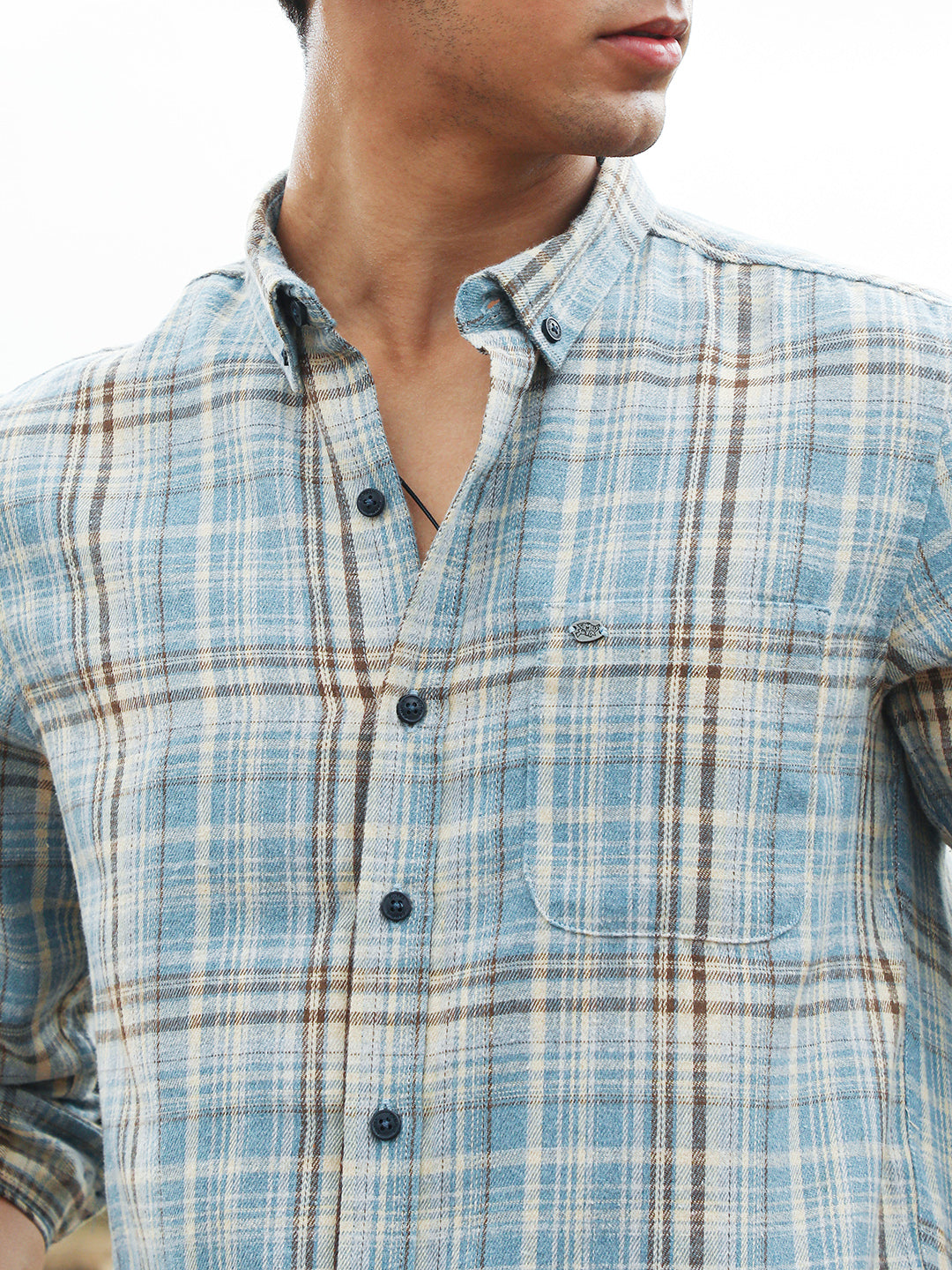 ₹949 | Men's Sky Blue Tartan-Woven Regular Shirt - Campussutra