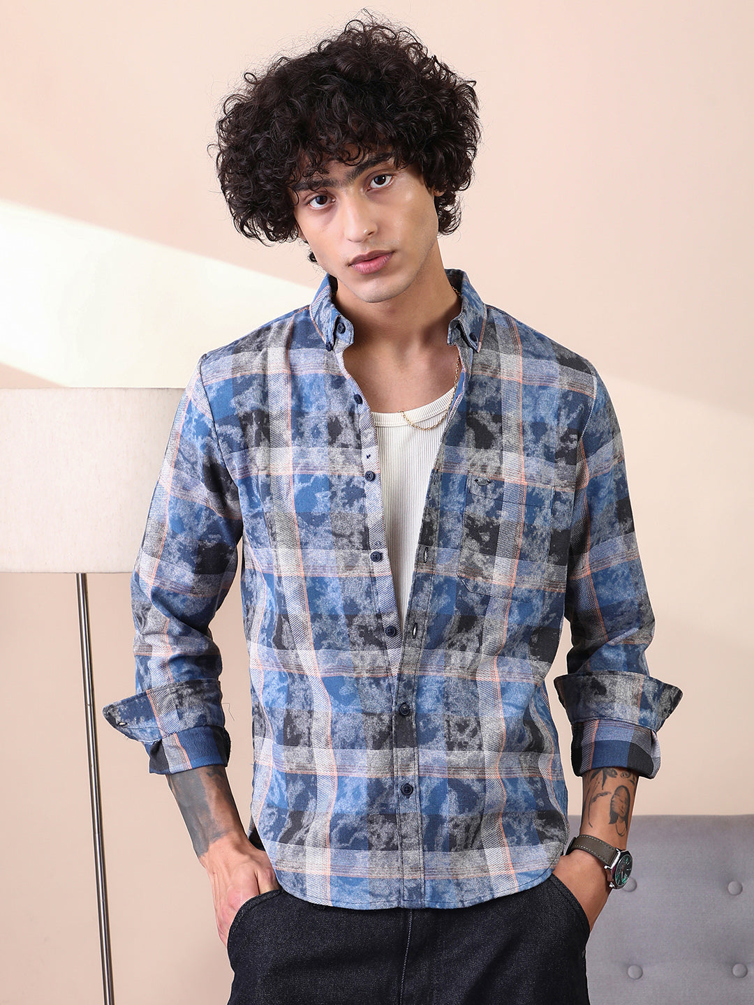 Faded-Plaid Regular Shirt