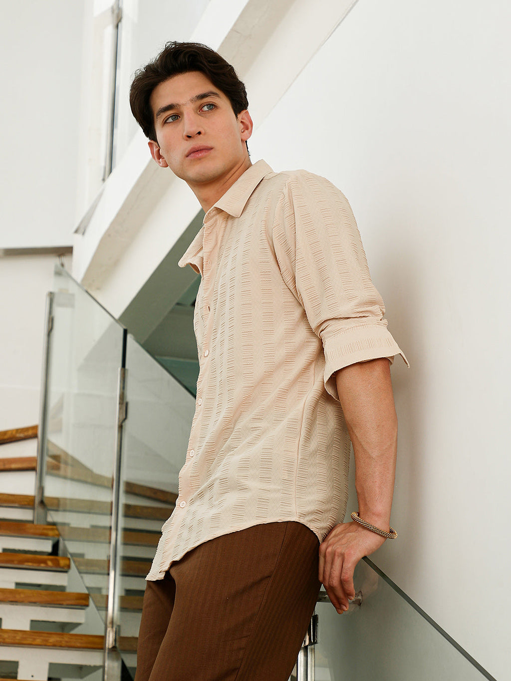 Beige Textured Slim Fit Full Sleeve Shirt For Men