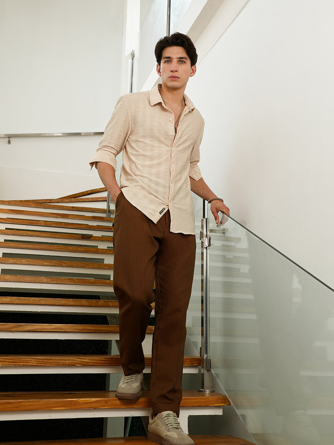 Beige Textured Slim Fit Full Sleeve Shirt For Men