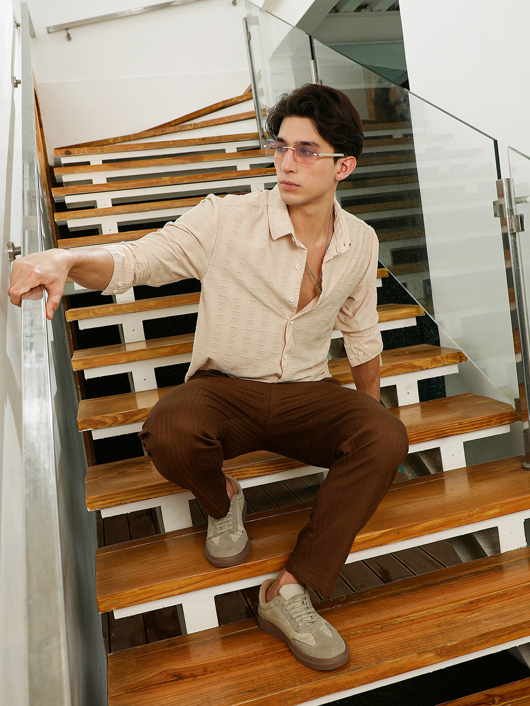 Beige Textured Slim Fit Full Sleeve Shirt For Men