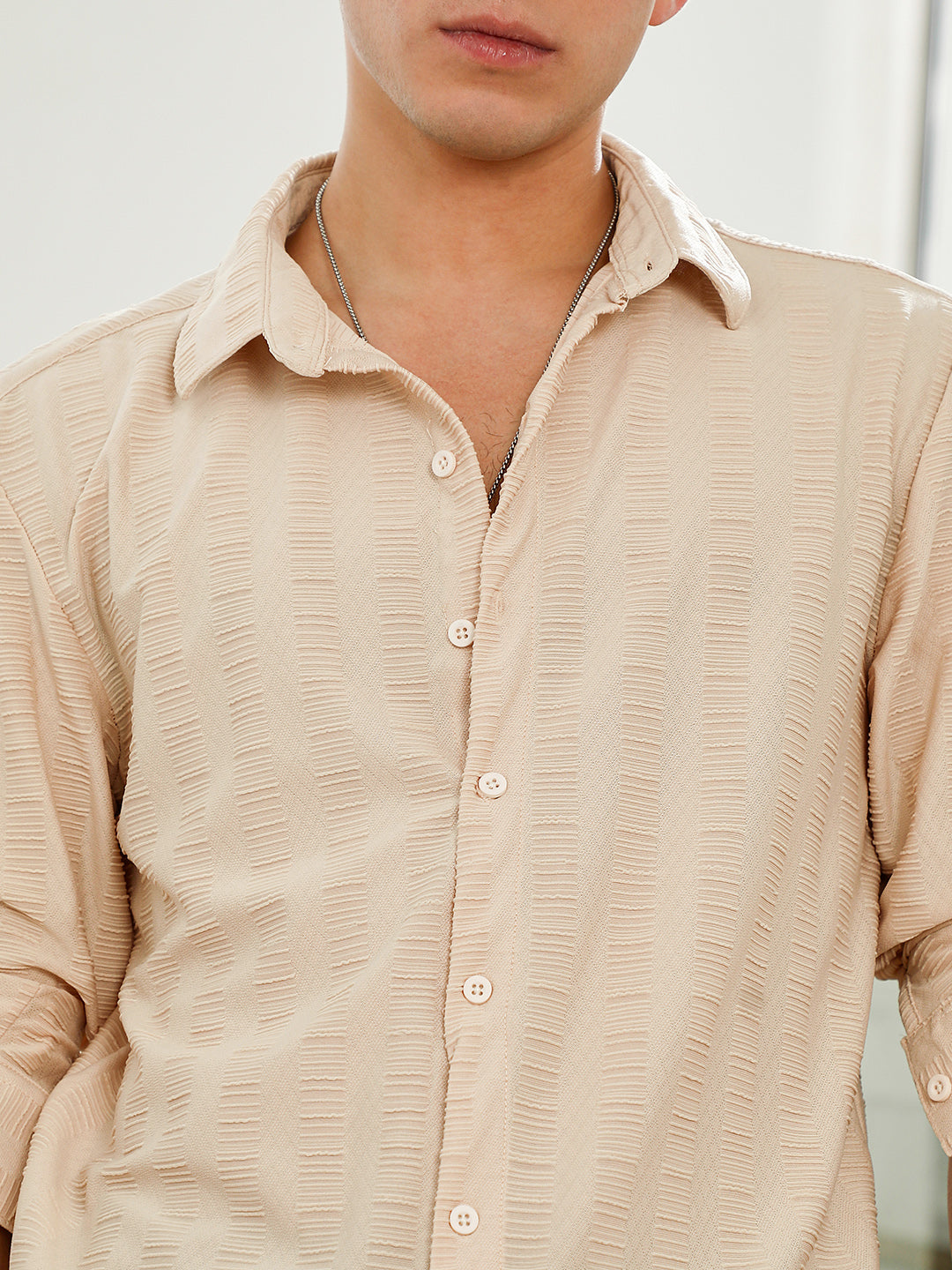 Beige Textured Slim Fit Full Sleeve Shirt For Men