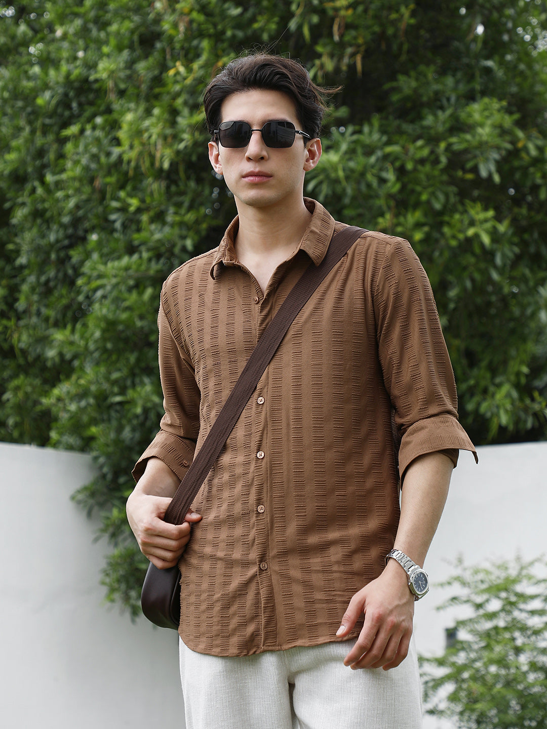 Textured Brown Full Sleeve Shirt