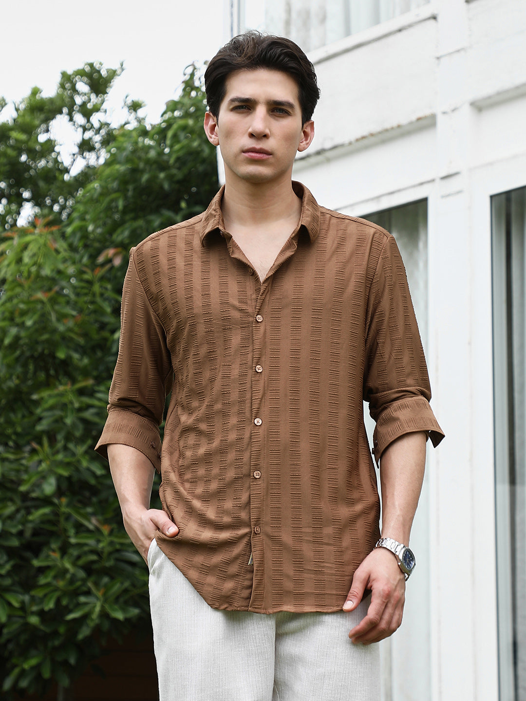 Textured Brown Full Sleeve Shirt