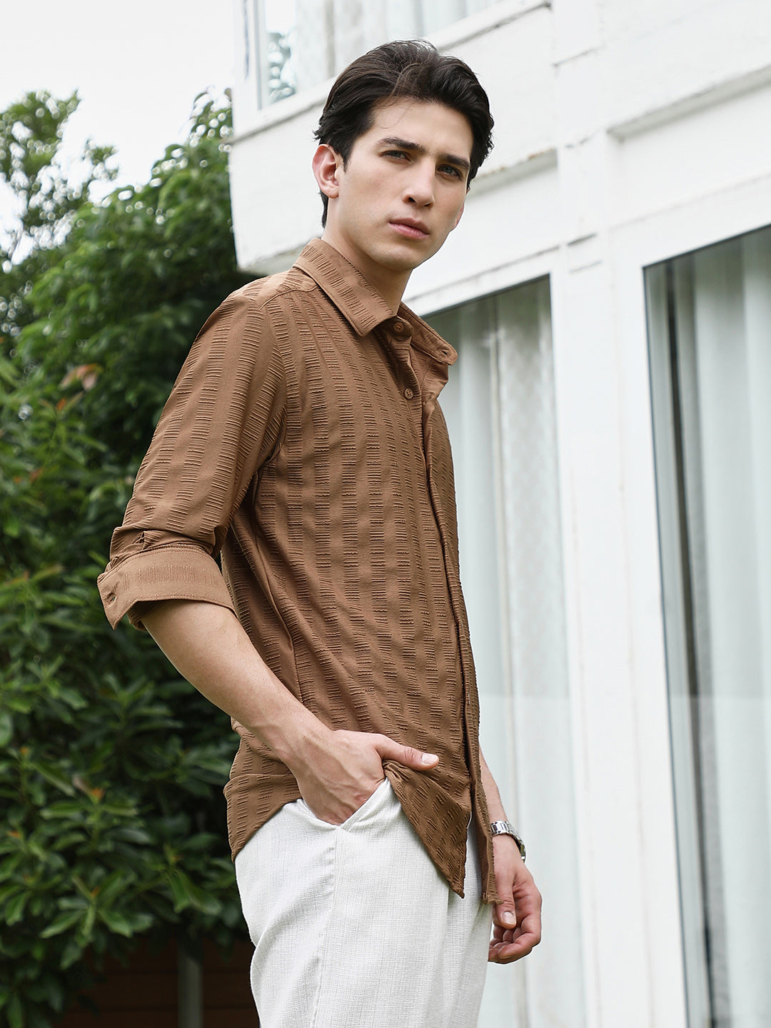 Textured Brown Full Sleeve Shirt