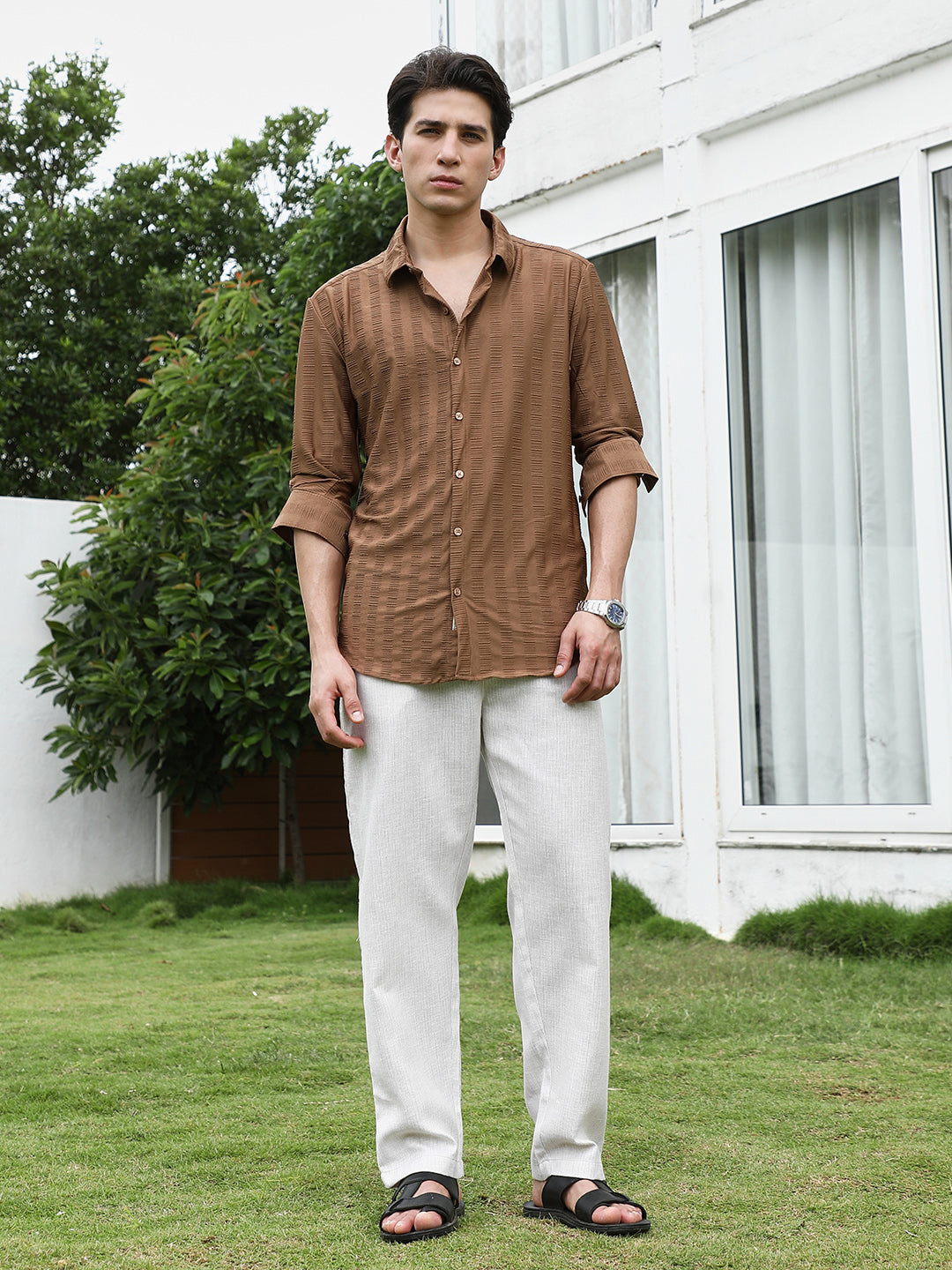 Textured Brown Full Sleeve Shirt