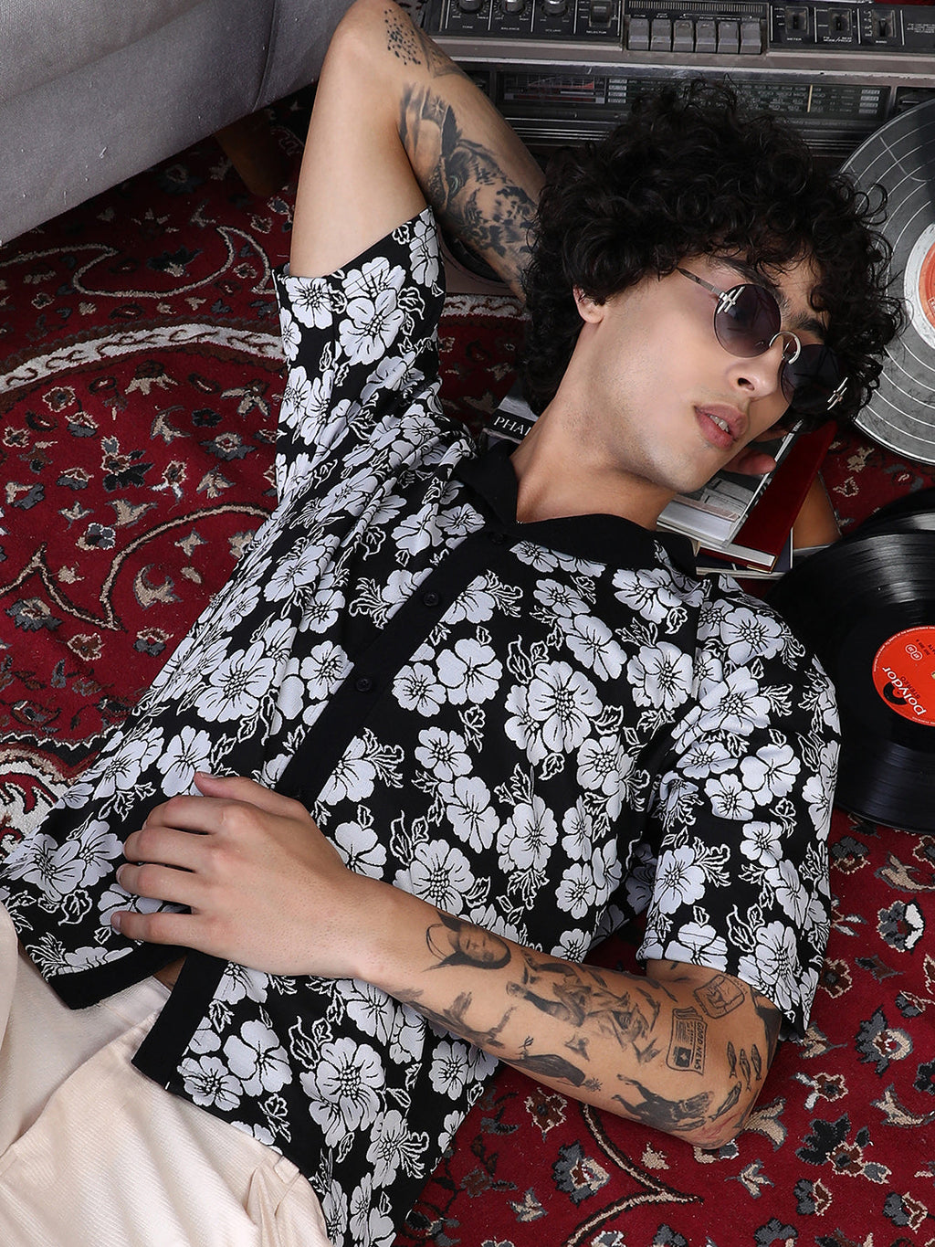 Bloom-Imprint Cuban-Polo Shirt