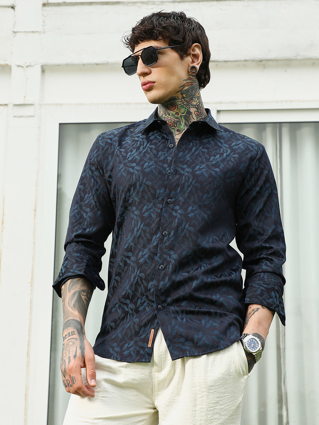 Navy Blue Leaf Pattern Slim Fit Shirt