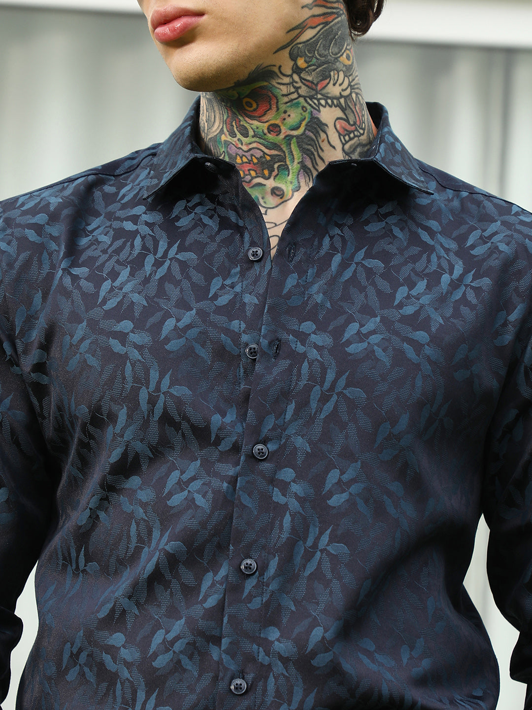 Navy Blue Leaf Pattern Slim Fit Shirt