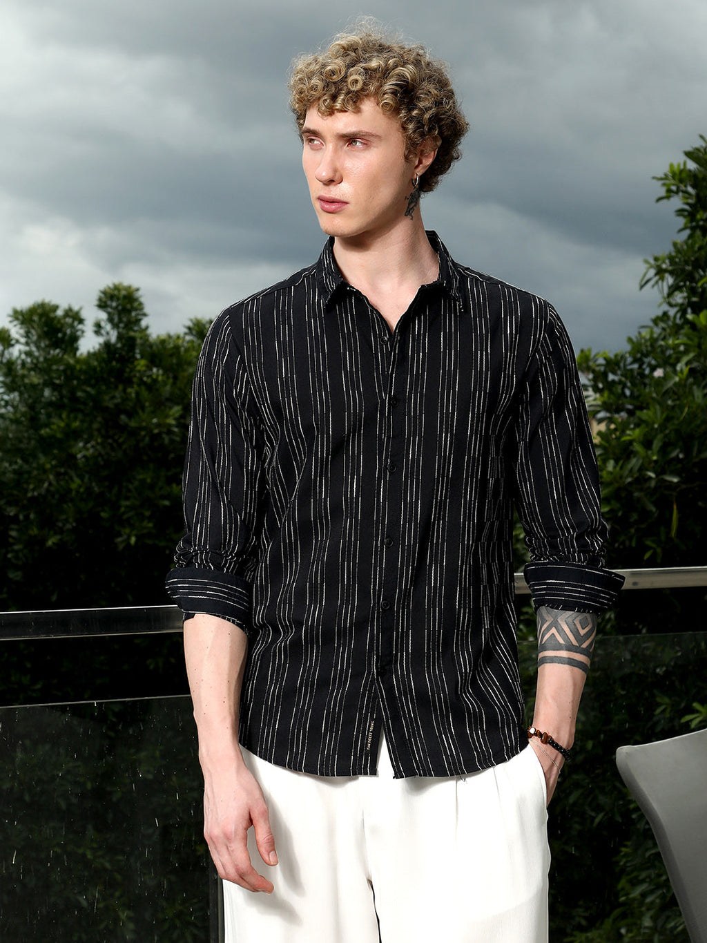 Black Striped Cotton Blend Slim Fit Shirt