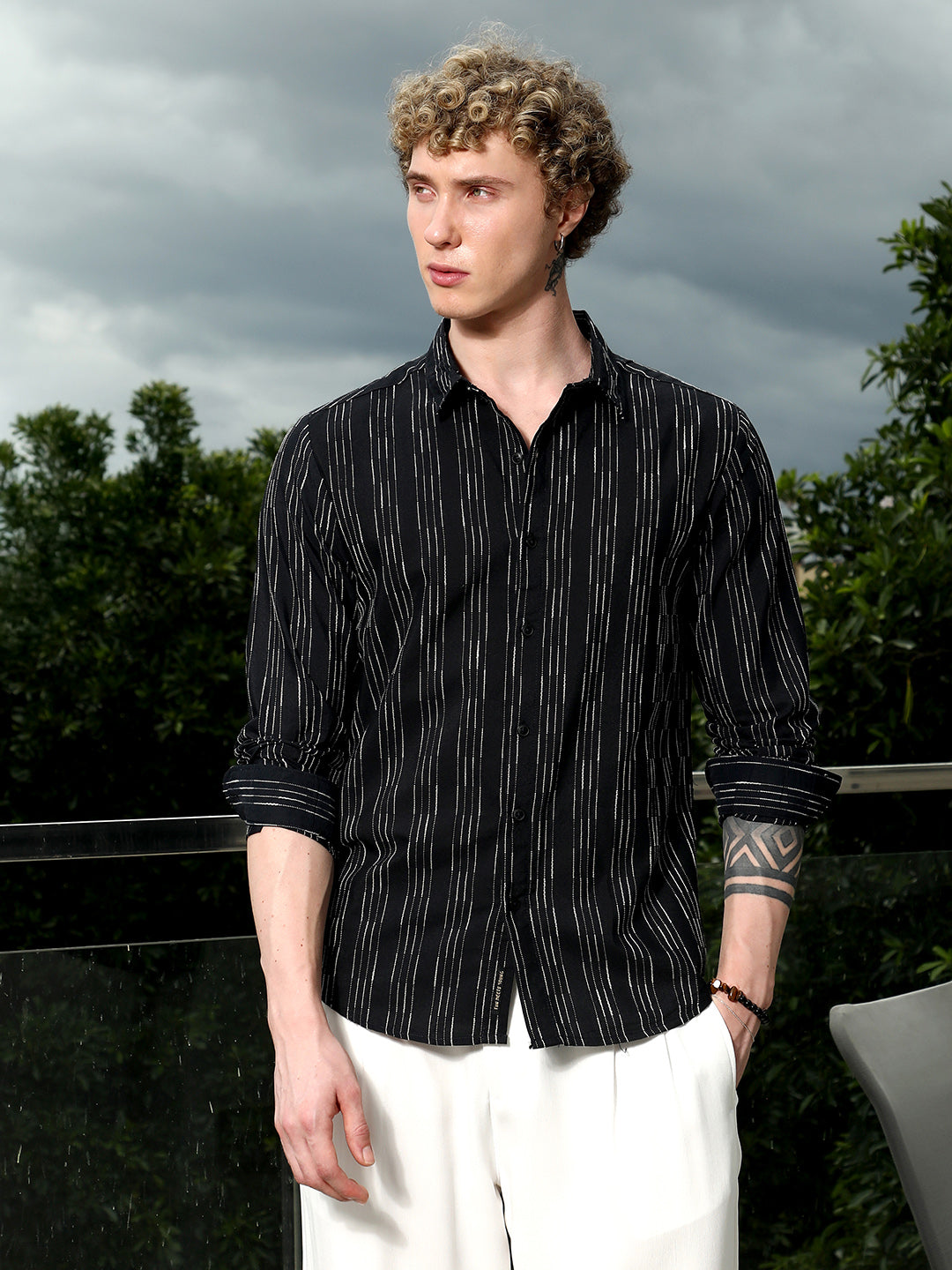 Black Striped Cotton Blend Slim Fit Shirt